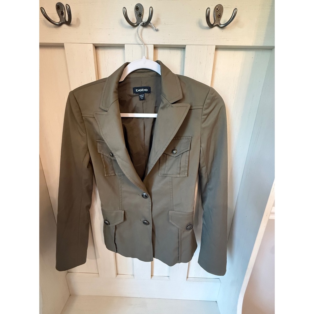 Bebe Womens Olive Green Military Safari Blazer Jacket Utility Pocket Crest Sz 0